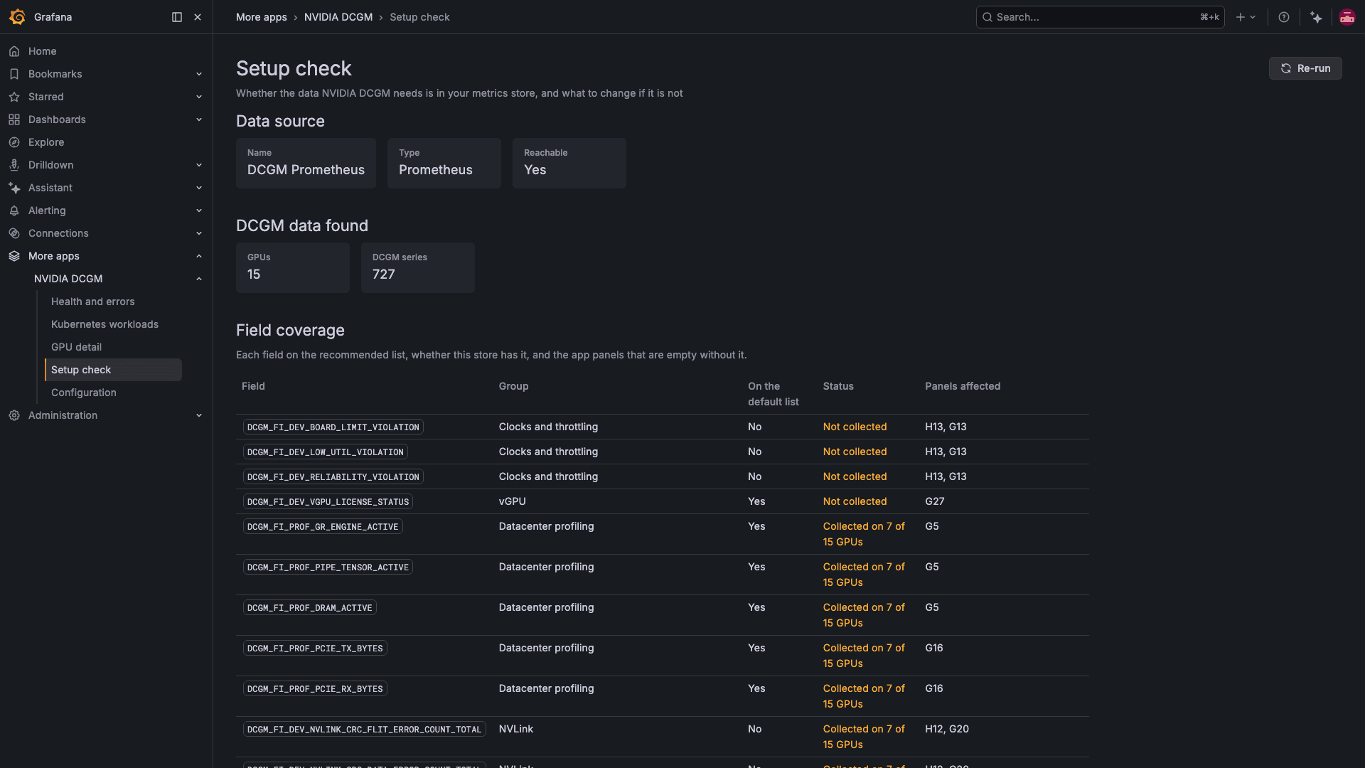 Setup check page in the NVIDIA DCGM plug-in for Grafana