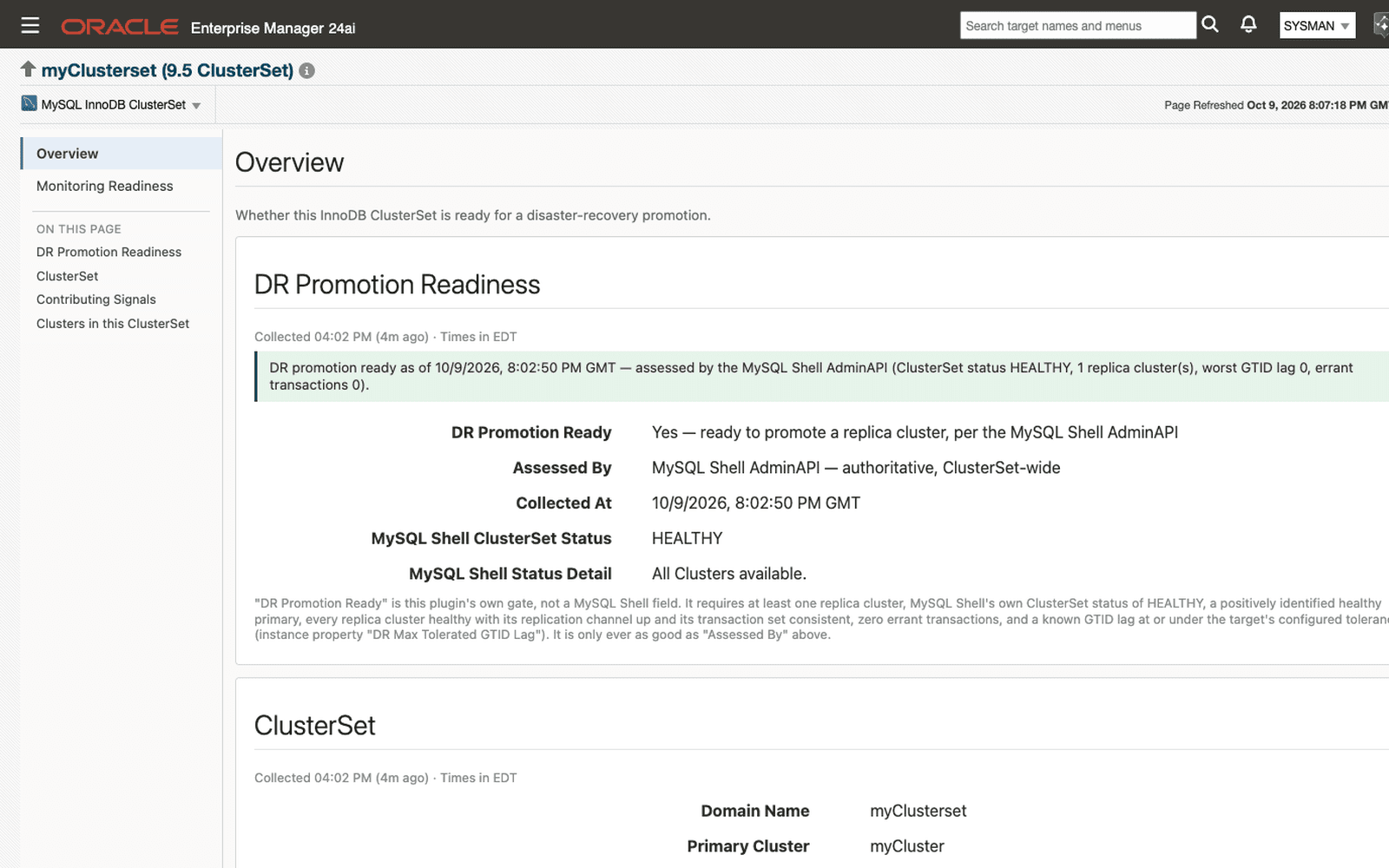 InnoDB ClusterSet Overview page in Oracle Enterprise Manager: DR promotion ready, assessed by the MySQL Shell AdminAPI, with ClusterSet status HEALTHY