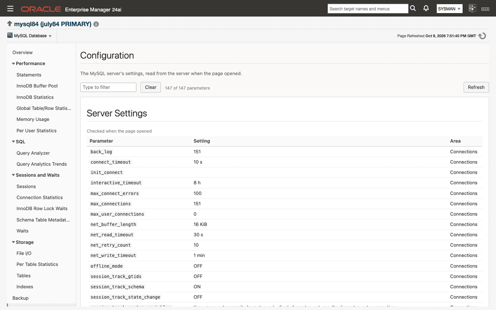 Configuration page in Oracle Enterprise Manager: server settings with a filter, listed by parameter, setting, and area