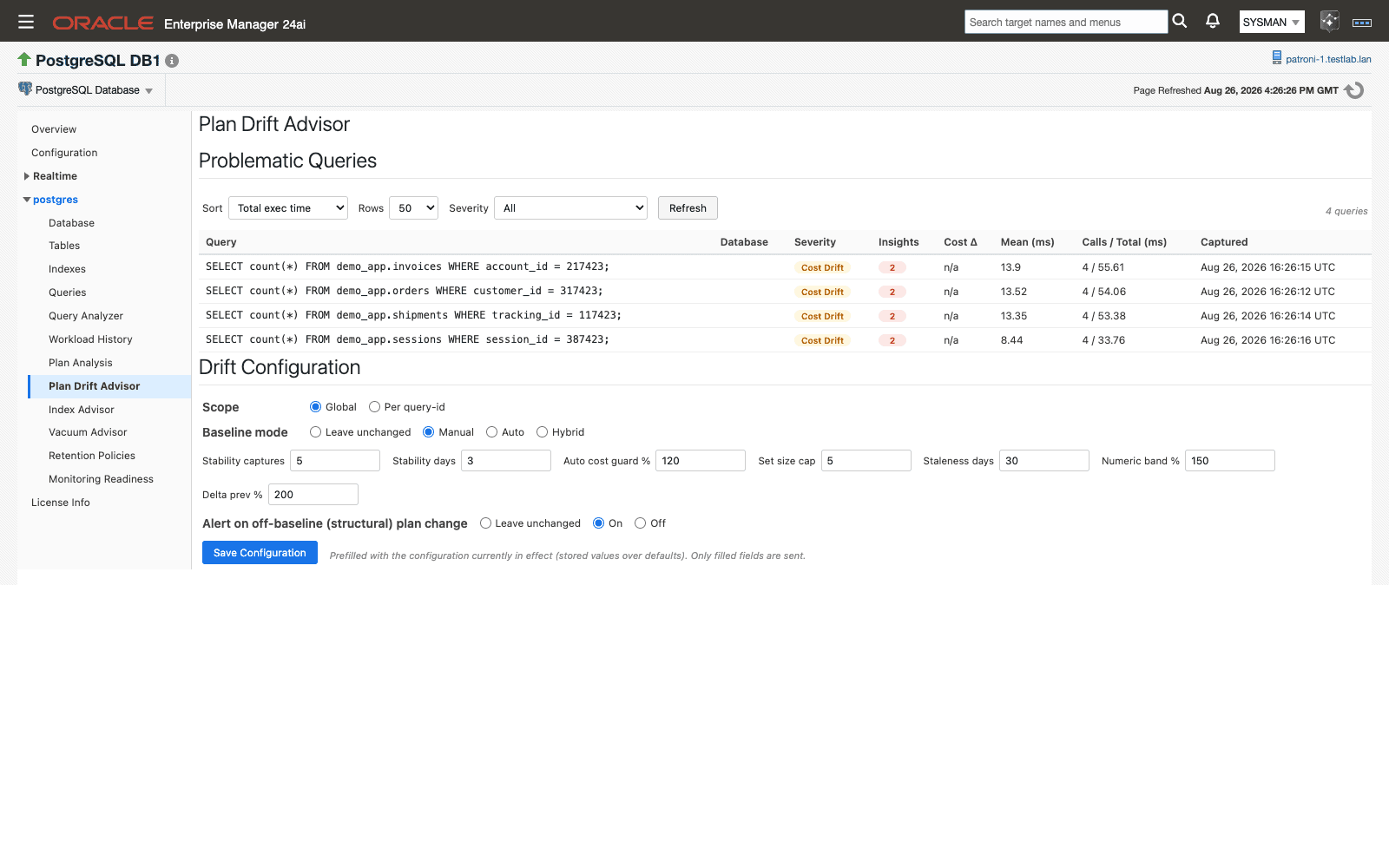 Plan Drift Advisor page in Oracle Enterprise Manager