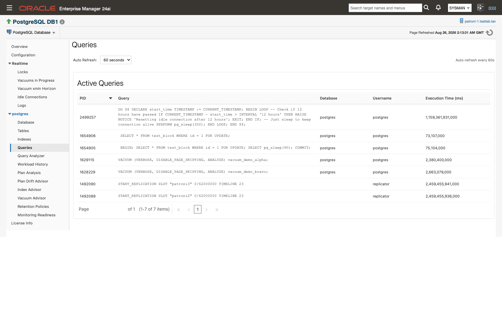 Queries page in Oracle Enterprise Manager