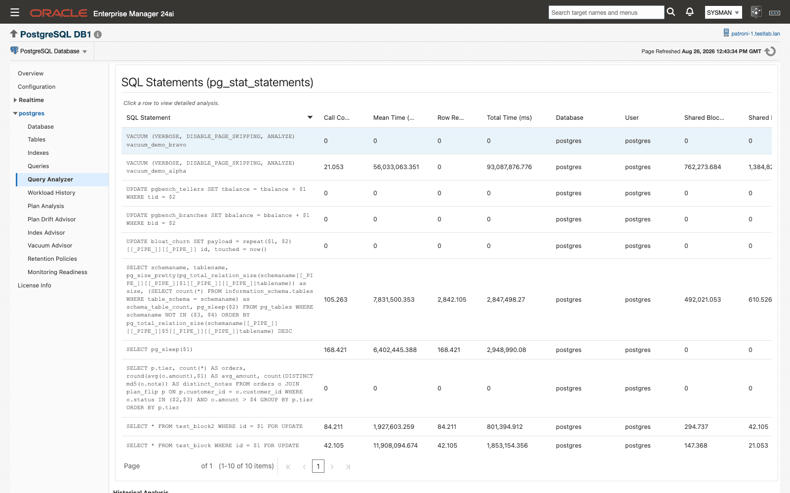 Query Analyzer page in Oracle Enterprise Manager