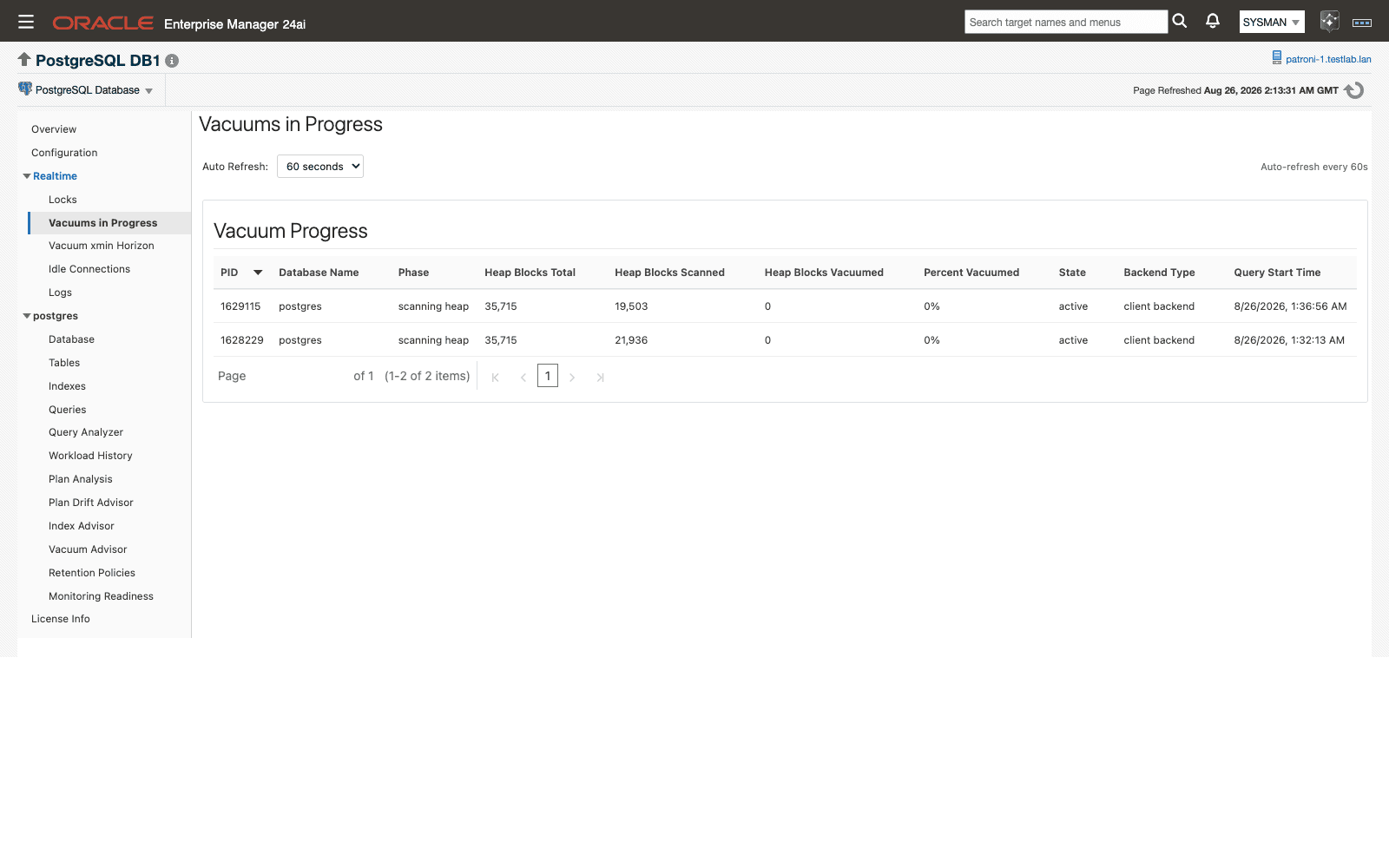 Realtime › Vacuums in Progress page in Oracle Enterprise Manager