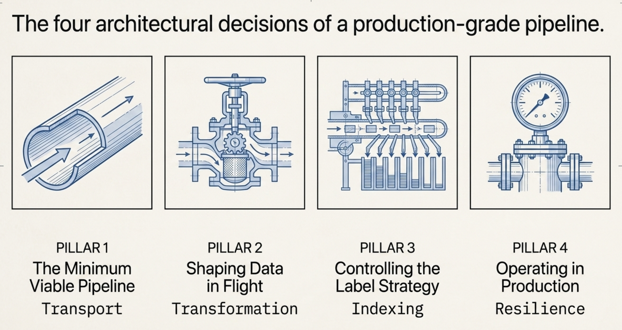 Blueprint-style panel headed The four architectural decisions of a production-grade pipeline, showing four framed line drawings in blue. Pillar 1, The Minimum Viable Pipeline, labelled Transport, drawn as a cutaway pipe with flow arrows. Pillar 2, Shaping Data in Flight, labelled Transformation, drawn as a globe valve cutaway with an internal strainer. Pillar 3, Controlling the Label Strategy, labelled Indexing, drawn as a manifold routing arrows down into a row of sorted bins. Pillar 4, Operating in Production, labelled Resilience, drawn as a pressure gauge mounted on a flanged pipe run
