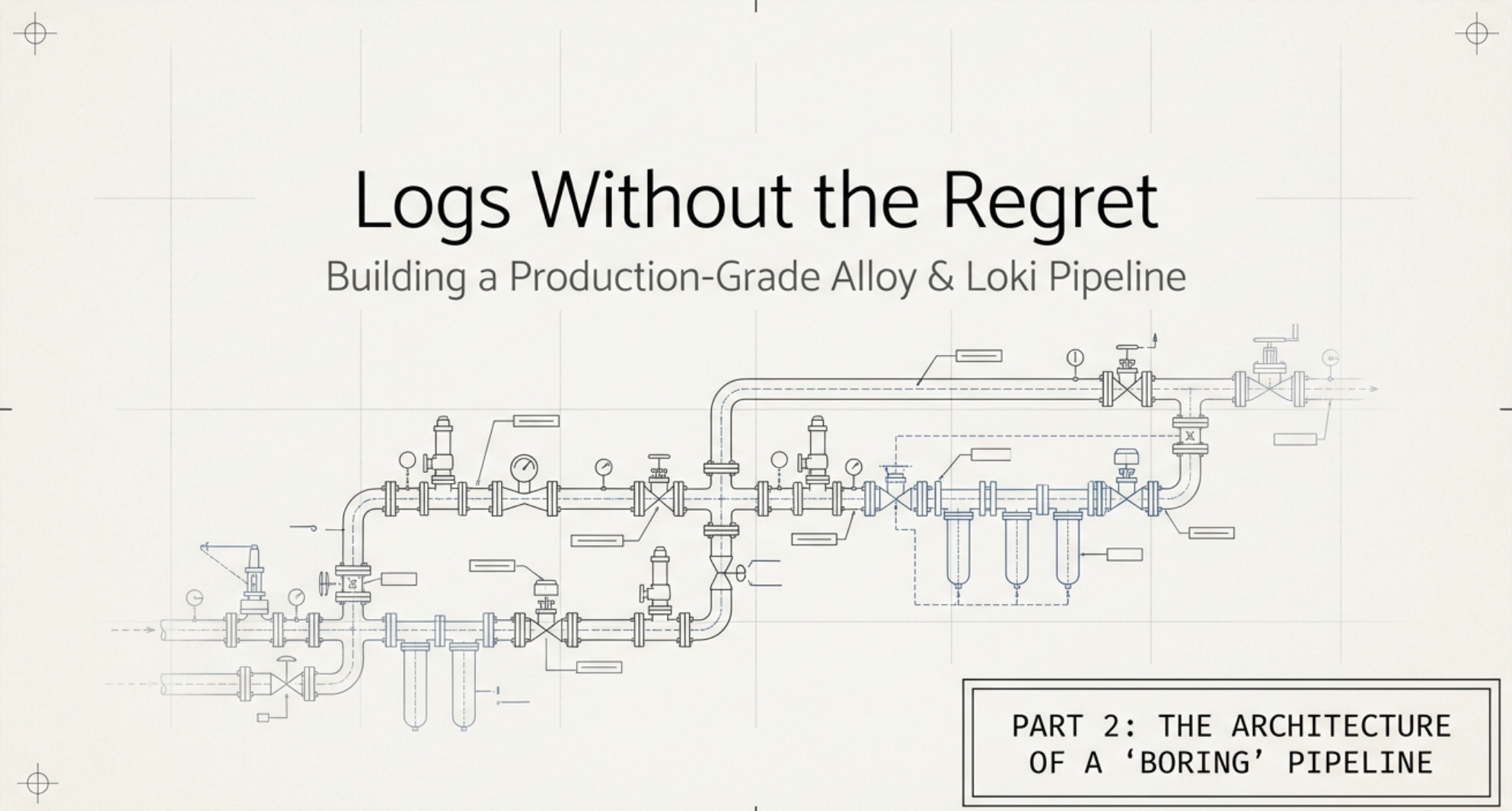 Title card on a cream blueprint ground reading Logs Without the Regret, with the subtitle Building a Production-Grade Alloy and Loki Pipeline, over a large piping-and-instrumentation schematic drawn in fine blue line work with valves, pressure gauges, flanged joints and inline filters, and a boxed caption in the lower right reading Part 2, the architecture of a boring pipeline