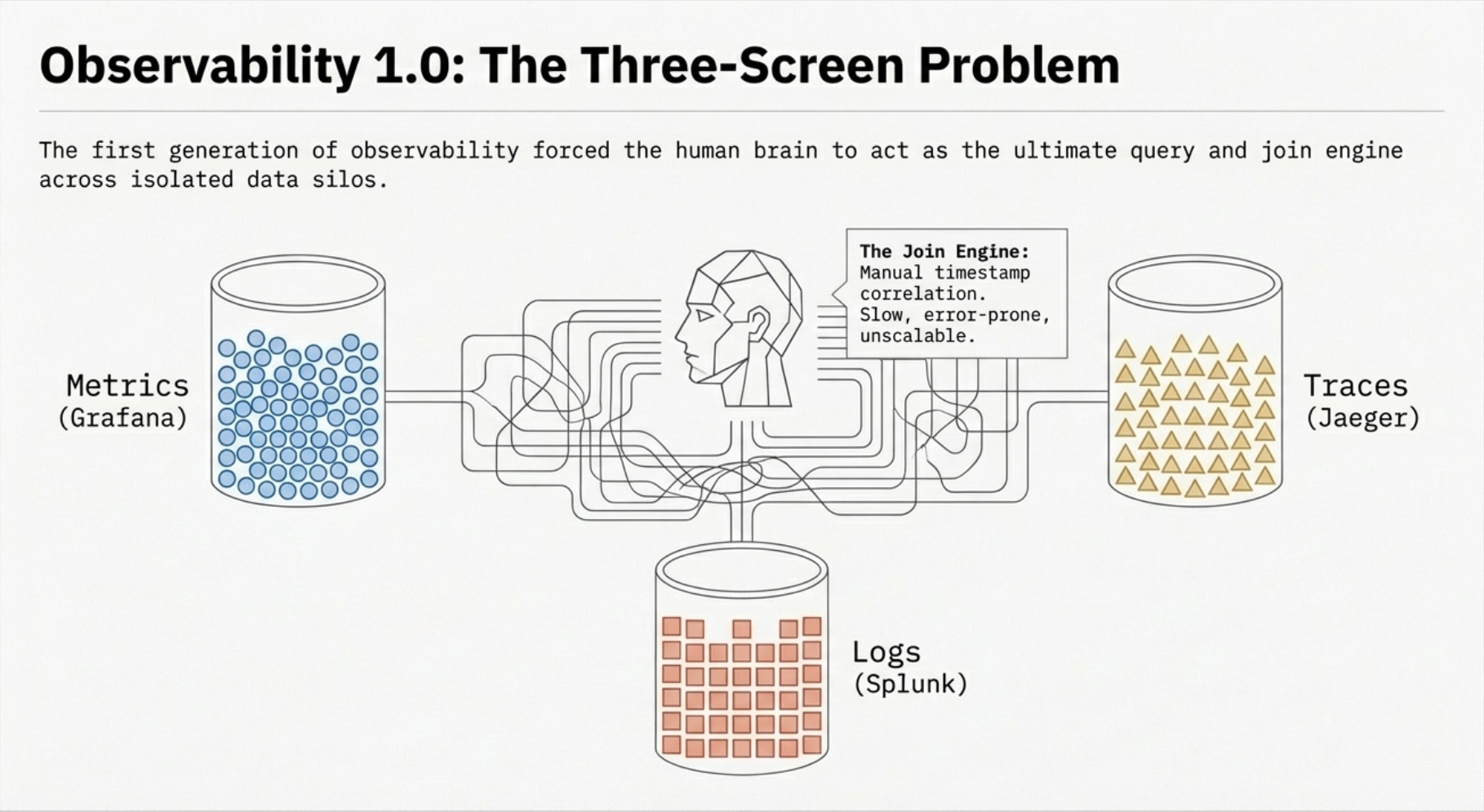 Observability 1.0 — Siloed Metrics, Logs, and Traces