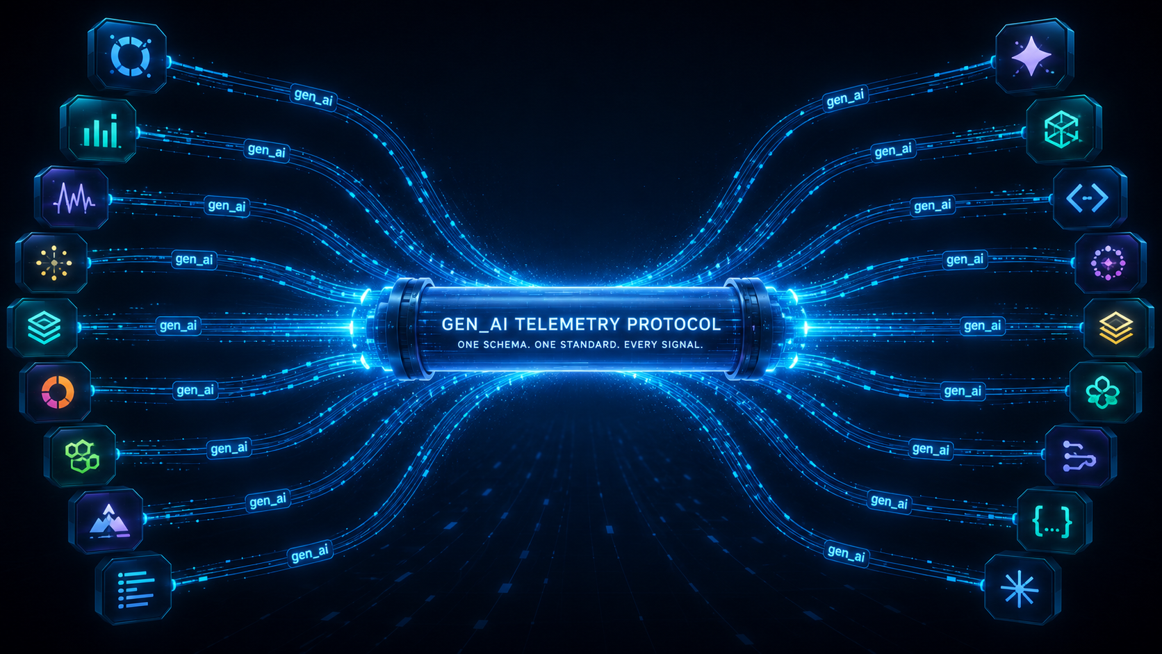 A landscape of observability backends, LLM frameworks, and coding assistants arranged around the edges of the frame, each one emitting the same gen_ai-labelled telemetry stream that converges into a single glowing OpenTelemetry pipeline at the center, conveying an ecosystem settling on one shared vocabulary