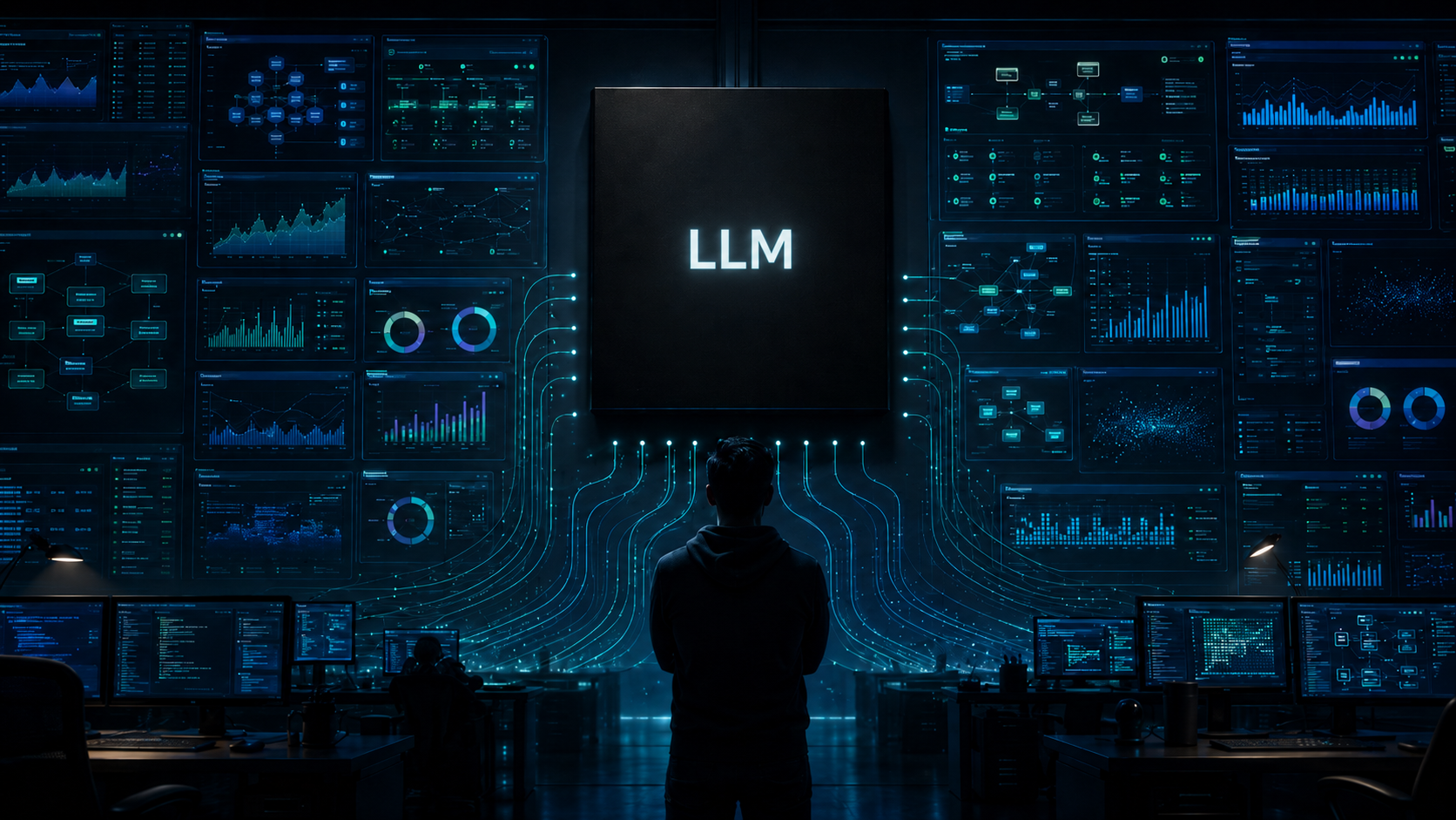 A dim operations room facing a wall of glowing blue microservice dashboards all reading healthy, with a single large central panel showing an opaque black box labelled LLM that no telemetry reaches into, a lone engineer in silhouette standing before the one panel that stays dark