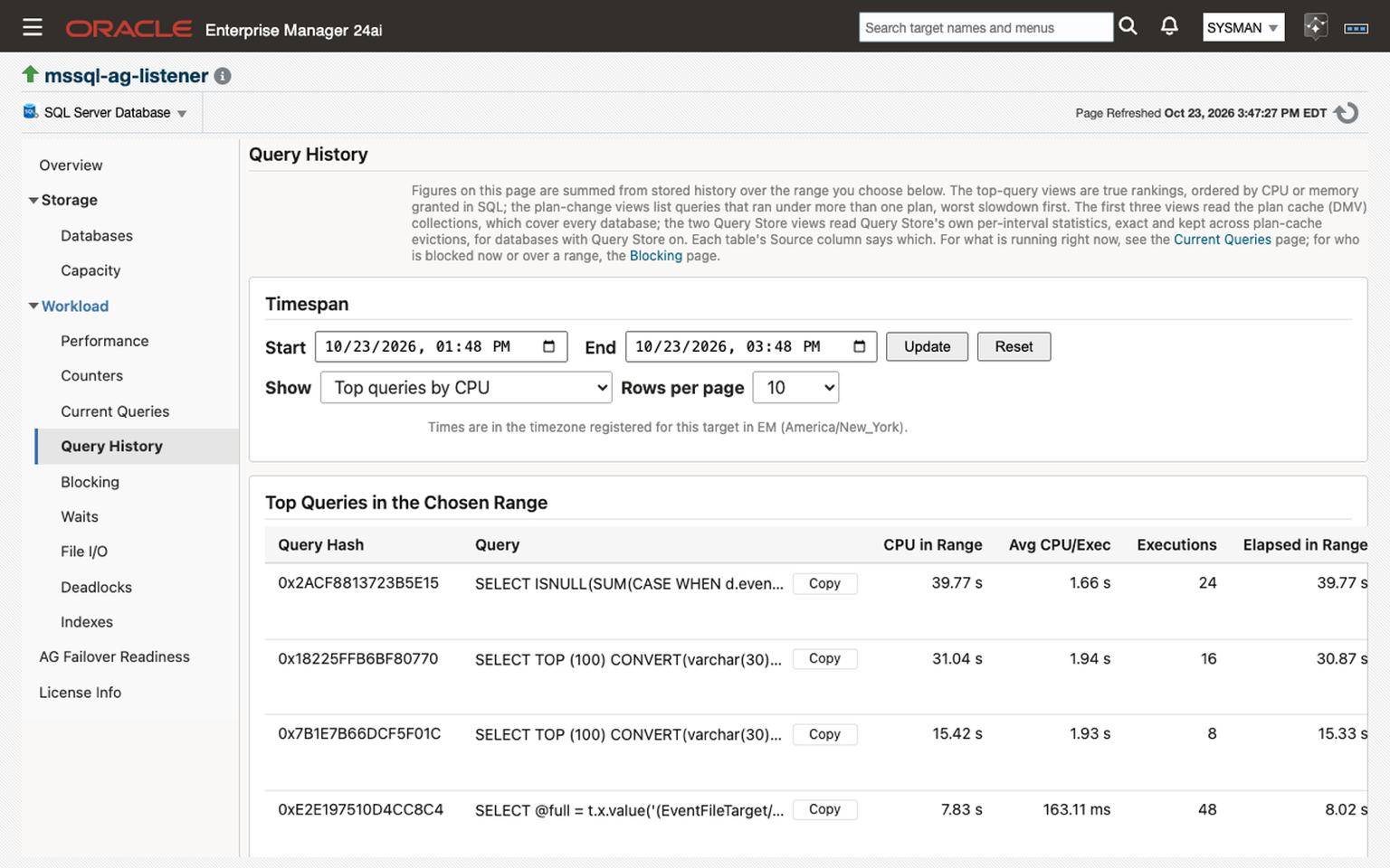 Query History page for a SQL Server Database target in Oracle Enterprise Manager 24ai. A Timespan region has start and end times, a Show selector set to Top queries by CPU, and a rows-per-page selector, above the Top Queries in the Chosen Range table, with each query's hash, text, a Copy button, CPU in range, average CPU per execution, executions, and elapsed time in range