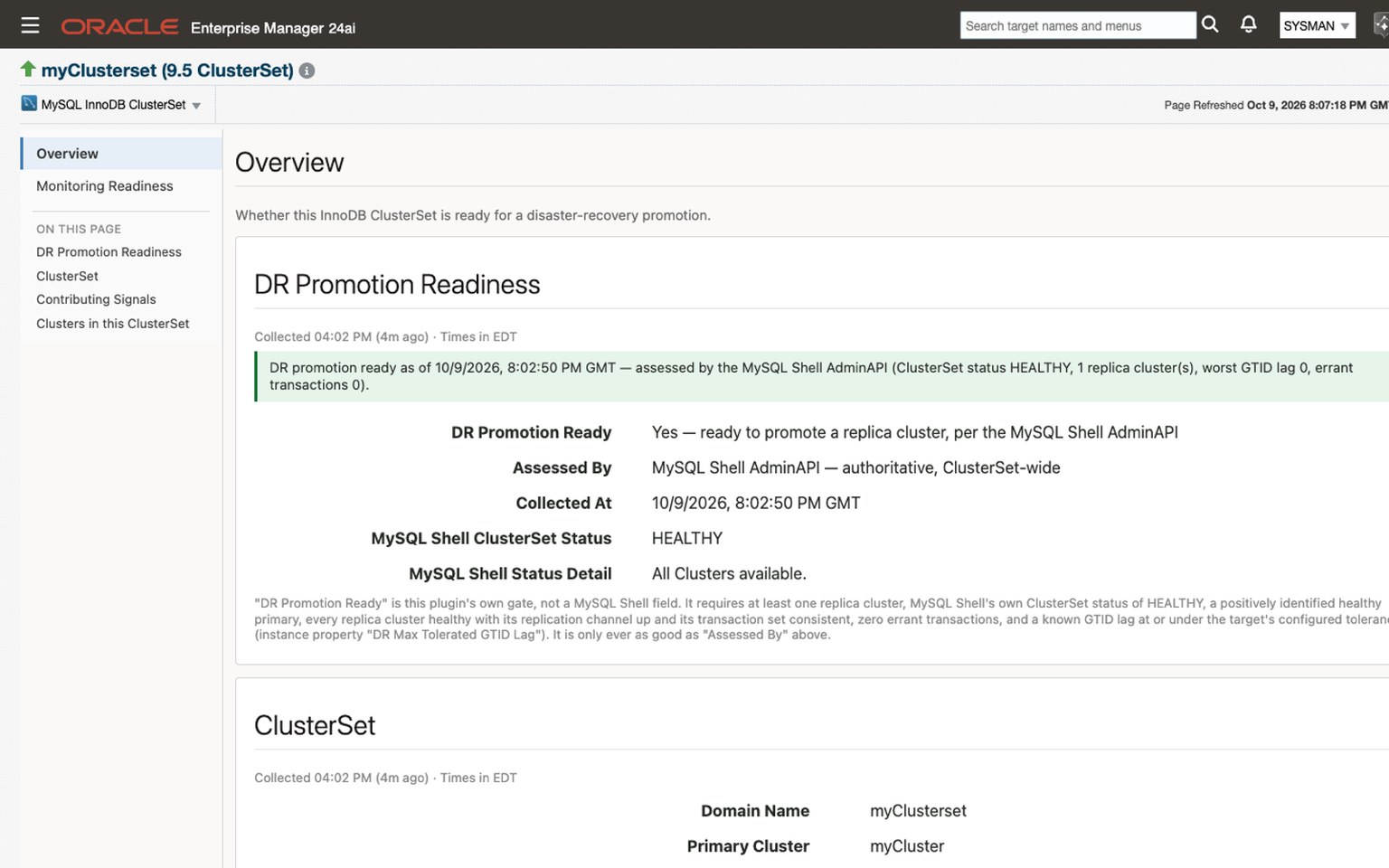 Overview page for a MySQL InnoDB ClusterSet target in Oracle Enterprise Manager 24ai, headed Whether this InnoDB ClusterSet is ready for a disaster-recovery promotion. The DR Promotion Readiness region states that the ClusterSet is DR promotion ready, assessed by the MySQL Shell AdminAPI, with ClusterSet status HEALTHY, one replica cluster, a worst GTID lag of 0, and 0 errant transactions, above fields for DR Promotion Ready, Assessed By, Collected At, and MySQL Shell's ClusterSet status and status detail, and a note listing the conditions the verdict requires