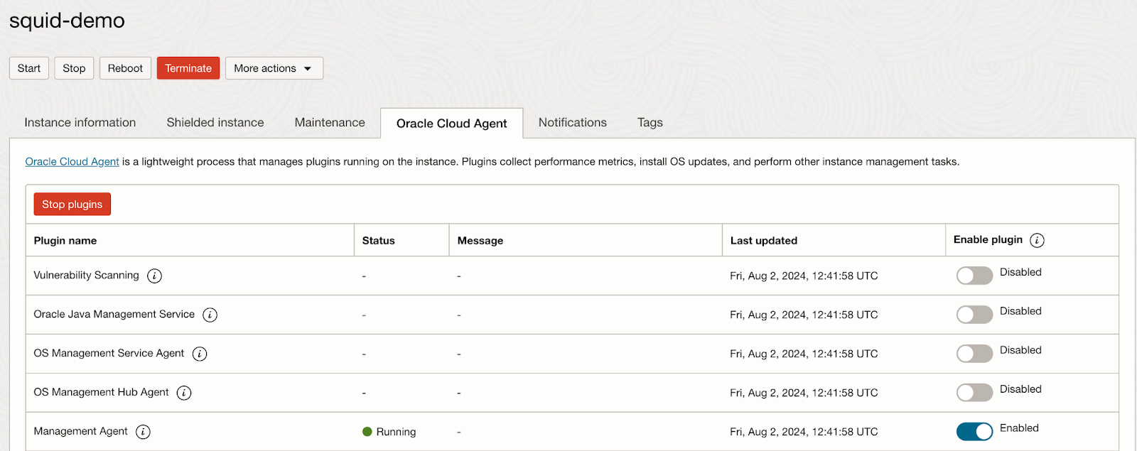 Management Agent status in Oracle Cloud