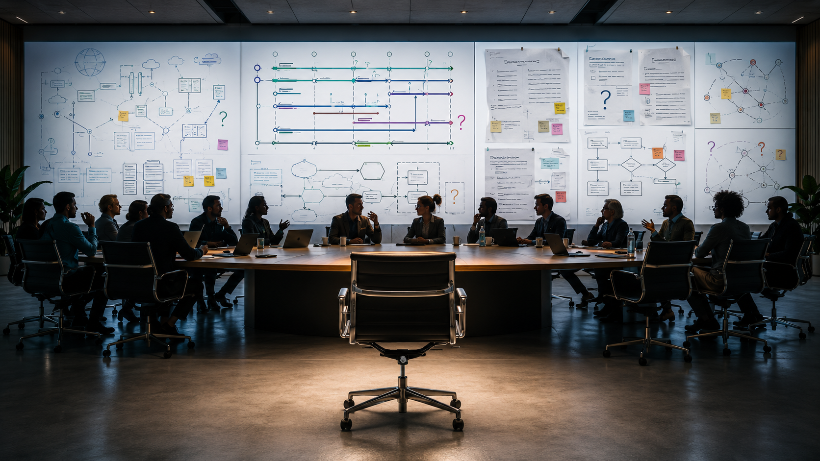 A public meeting room rendered as an open forum, a long table ringed by silhouetted contributors from many different organisations, the wall behind them covered in projected trace diagrams and half-finished specification drafts marked with question marks, one empty chair pulled out at the near end of the table facing the viewer