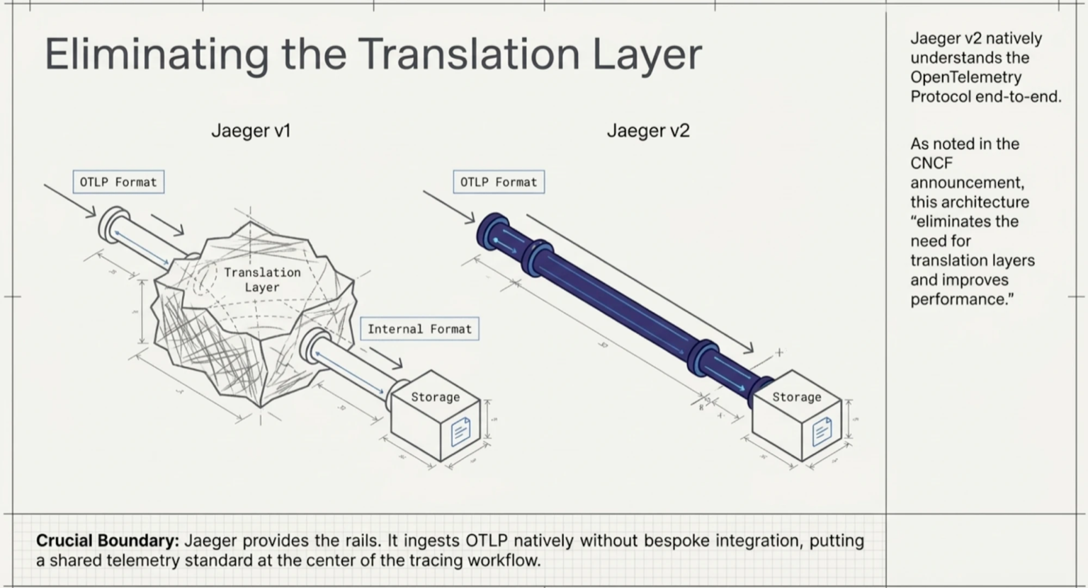 Diagram headed Eliminating the Translation Layer. On the left, under Jaeger v1, a pipe labeled OTLP Format runs into a jagged, scribbled block labeled Translation Layer, and a second pipe labeled Internal Format leaves it for a box labeled Storage. On the right, under Jaeger v2, a single straight navy pipe labeled OTLP Format runs directly into Storage. A side panel reads: Jaeger v2 natively understands the OpenTelemetry Protocol end-to-end. As noted in the CNCF announcement, this architecture "eliminates the need for translation layers and improves performance." A strip along the bottom reads: Crucial Boundary: Jaeger provides the rails. It ingests OTLP natively without bespoke integration, putting a shared telemetry standard at the center of the tracing workflow