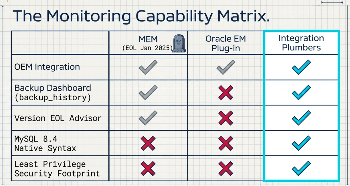 A blueprint-style capability matrix comparing MySQL Enterprise Monitor (marked EOL January 2025), the Oracle EM plug-in, and Integration Plumbers across five rows: OEM integration, backup dashboard (backup_history), version EOL advisor, MySQL 8.4 native syntax, and least-privilege security footprint. The Oracle plug-in shows a red X on the backup dashboard, the version EOL advisor, 8.4 native syntax, and the security footprint, while the Integration Plumbers column shows a check on every row