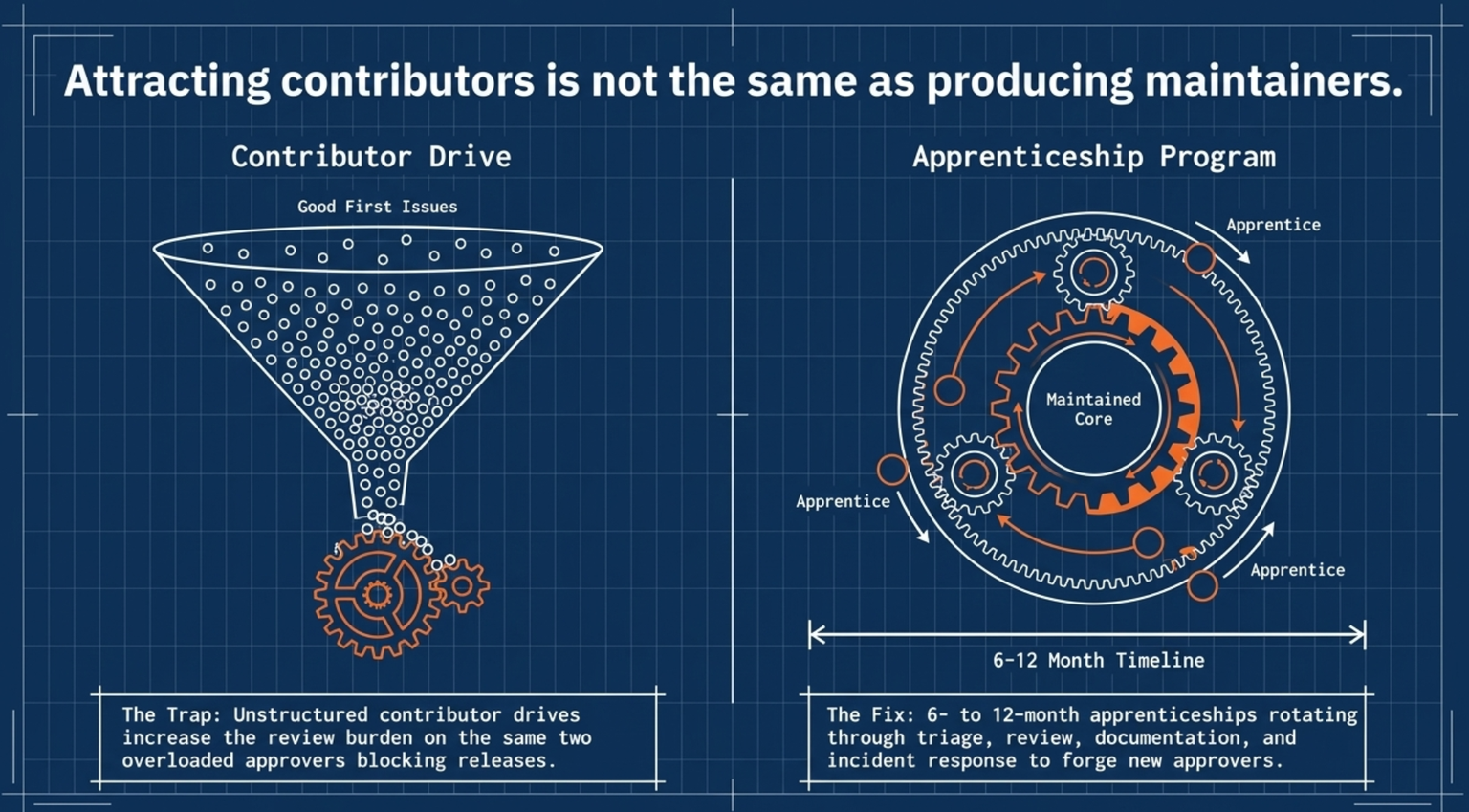Blueprint-style diagram headed Attracting contributors is not the same as producing maintainers. On the left, labelled Contributor Drive, a wide funnel of small circles marked Good First Issues narrows to a trickle feeding a small orange gear, captioned The Trap: unstructured contributor drives increase the review burden on the same two overloaded approvers blocking releases. On the right, labelled Apprenticeship Program, a ring of interlocking gears turns around a hub marked Maintained Core with three apprentices positioned around the rim, spanning a six to twelve month timeline, captioned The Fix: apprenticeships rotating through triage, review, documentation, and incident response to forge new approvers