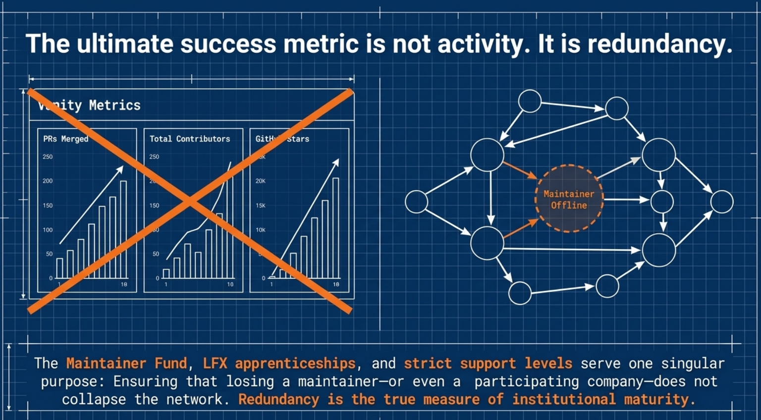 Blueprint-style diagram headed The ultimate success metric is not activity. It is redundancy. On the left, a panel of three rising bar charts labelled PRs Merged, Total Contributors, and GitHub Stars is crossed out with a large orange X and labelled Vanity Metrics. On the right, a network of connected nodes routes around a dashed orange circle marked Maintainer Offline, with traffic continuing through alternate paths. A caption reads that the Maintainer Fund, LFX apprenticeships, and strict support levels serve one purpose: ensuring that losing a maintainer, or even a participating company, does not collapse the network