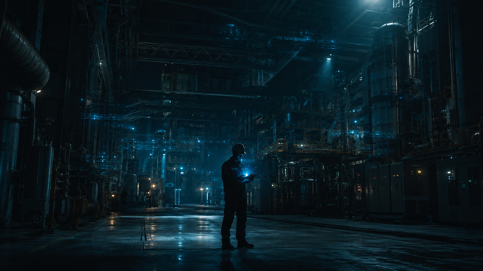 A vast, dimly lit industrial plant floor at night with towering machinery receding into darkness, a lone operator in silhouette at the center holding a glowing tablet that casts the only pool of blue light while most of the equipment around them stays dark and unreadable