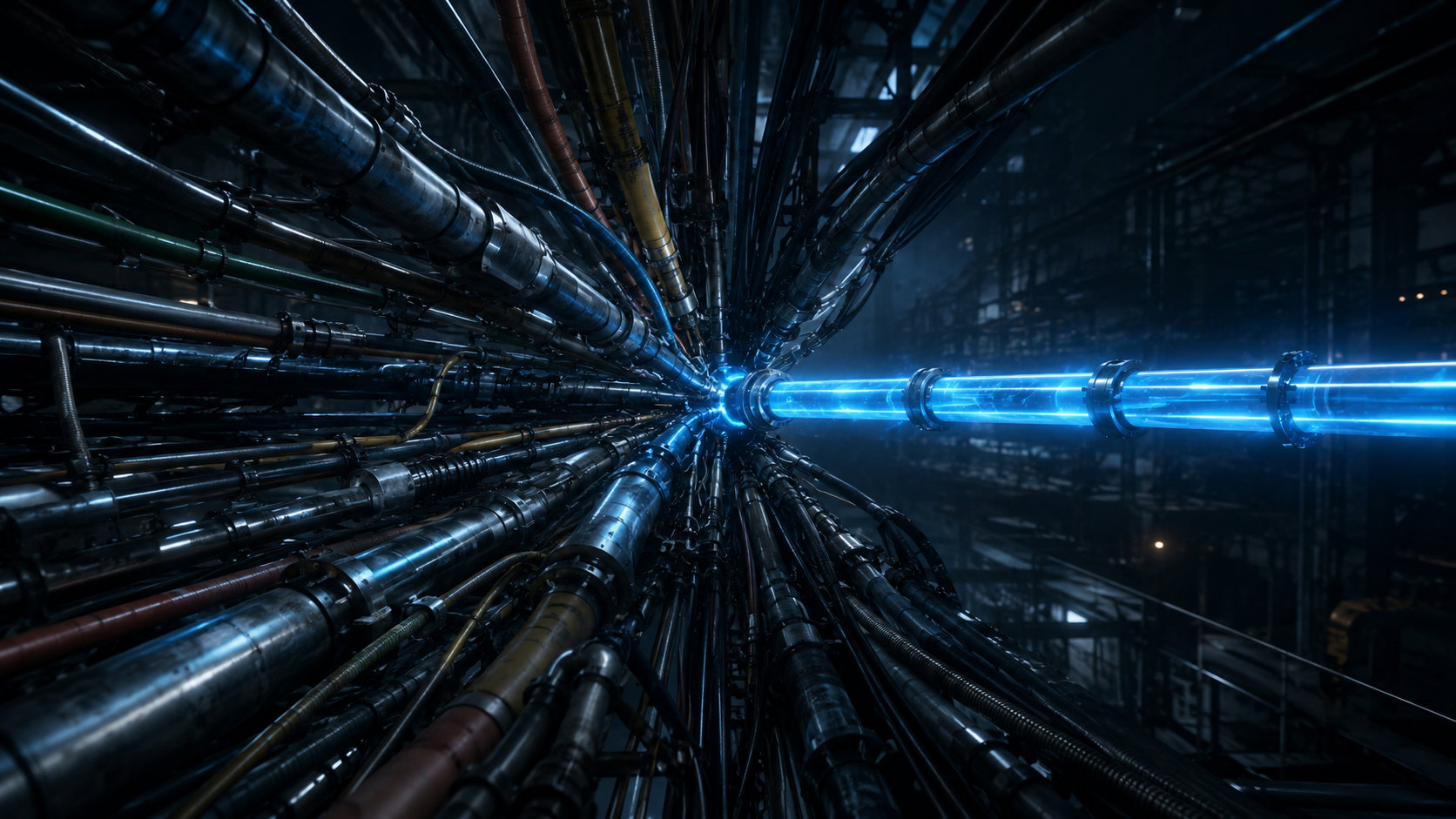Many different industrial pipes and cables of varied shapes and colors flowing in from the edges of the frame and converging into a single luminous central conduit that emerges as one clean, glowing blue pipeline, conveying fragmentation resolving into order, set in a dark industrial environment with teal and navy lighting