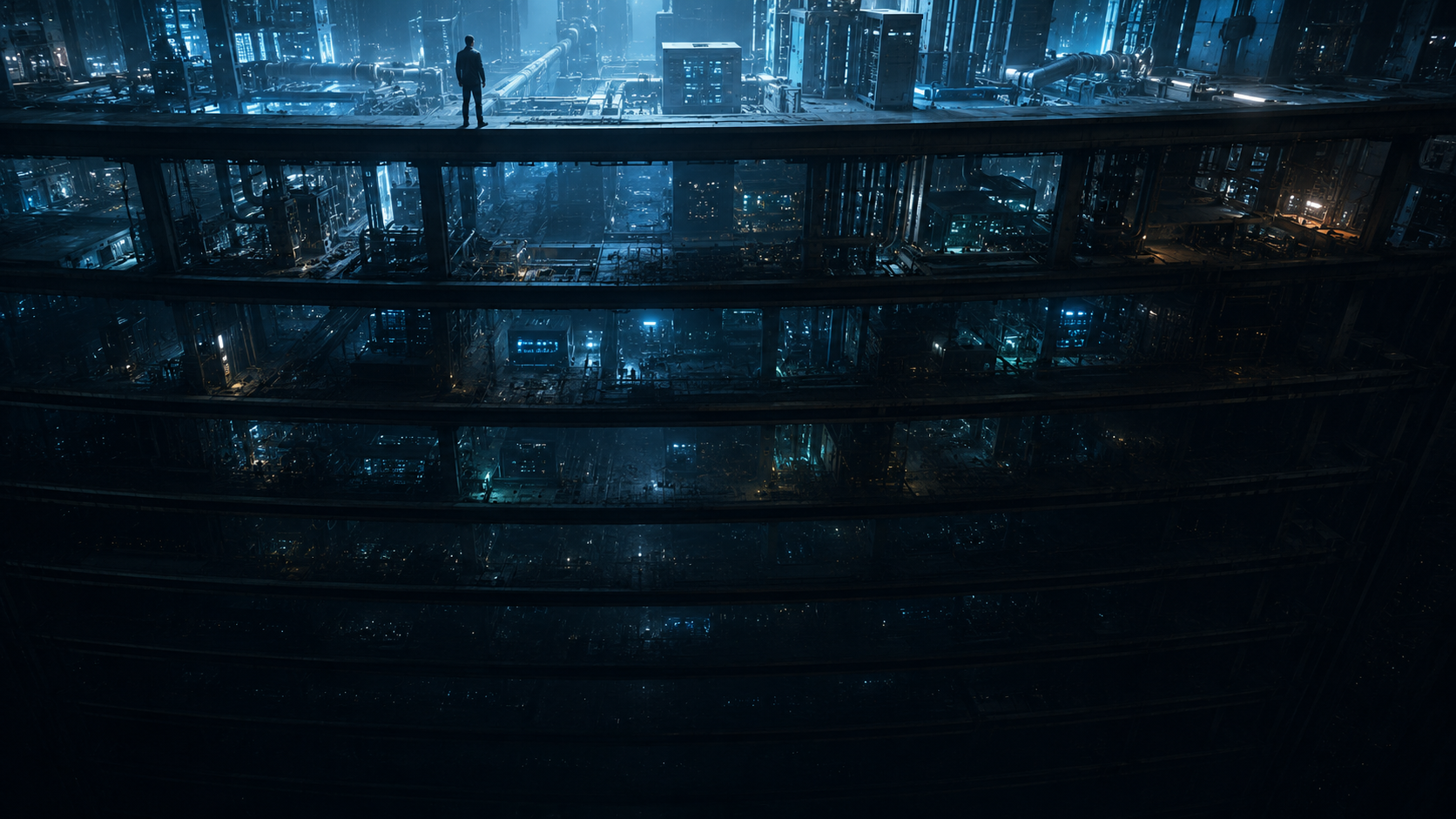 A layered industrial network stack shown as glowing horizontal tiers stacked vertically like floors of a building, the top tiers bright blue and busy with data while each lower tier dims until the bottom Level 1 and Level 0 device tiers are nearly black, with a thin human figure at the top looking down into the darkness