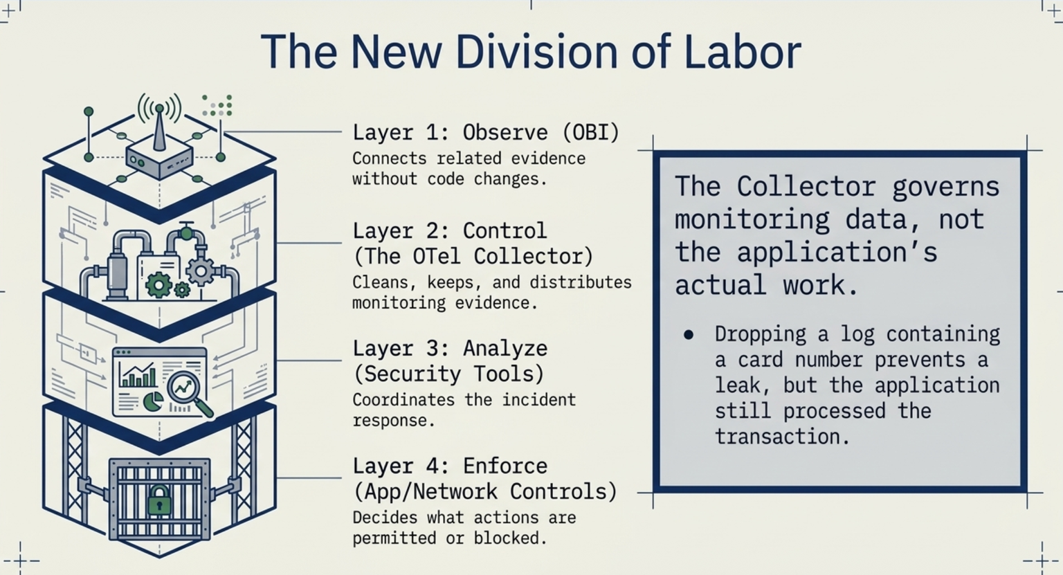 Slide headed The New Division of Labor. A four-layer stack is drawn on the left, each layer labelled beside it. Layer 1, Observe (OBI): connects related evidence without code changes. Layer 2, Control (the OTel Collector): cleans, keeps, and distributes monitoring evidence. Layer 3, Analyze (security tools): coordinates the incident response. Layer 4, Enforce (app and network controls): decides what actions are permitted or blocked. A panel on the right reads: The Collector governs monitoring data, not the application's actual work. Dropping a log containing a card number prevents a leak, but the application still processed the transaction