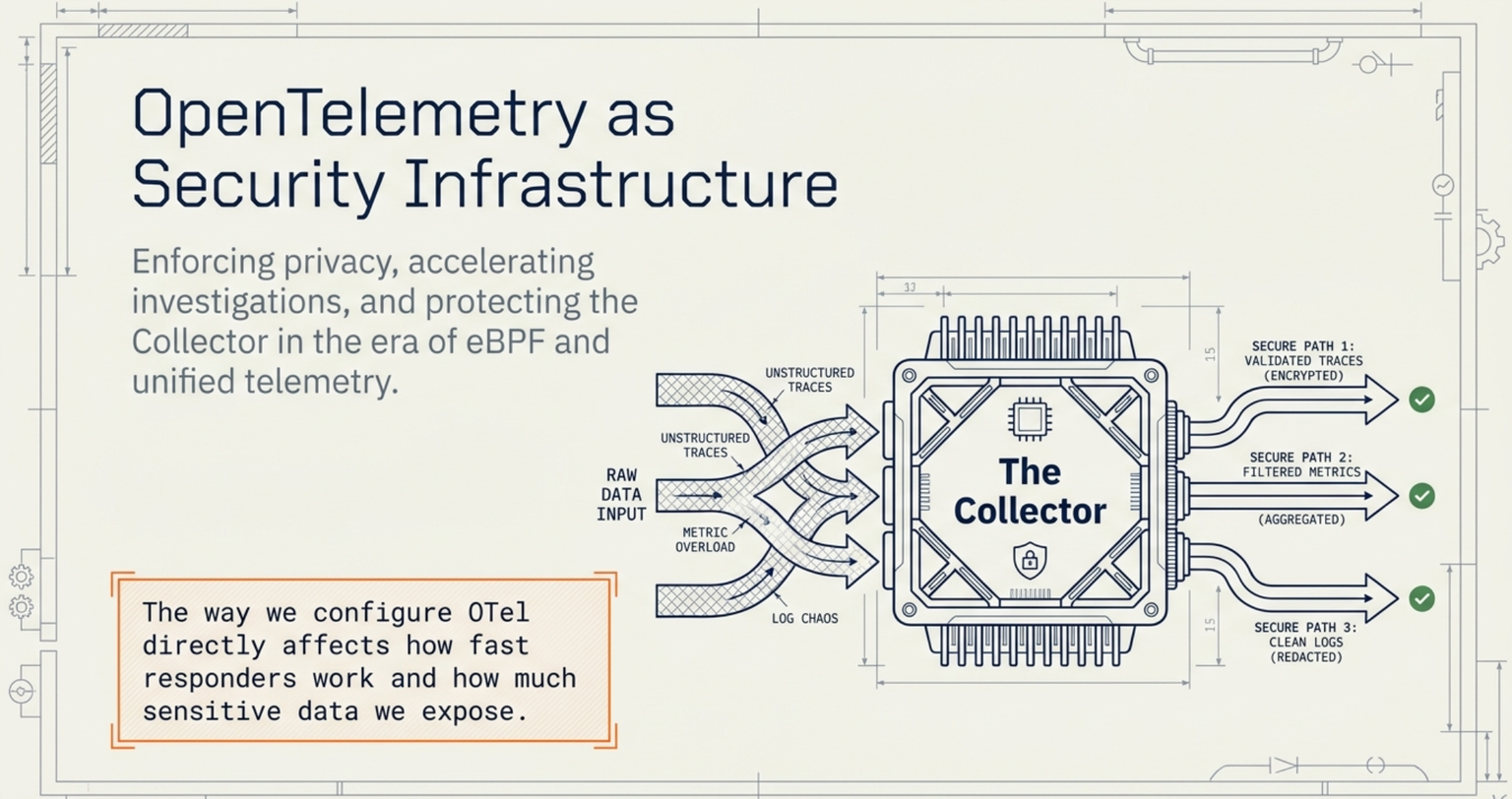 Title slide headed OpenTelemetry as Security Infrastructure, with the subtitle Enforcing privacy, accelerating investigations, and protecting the Collector in the era of eBPF and unified telemetry. On the right, tangled input streams labelled Unstructured traces, Metric overload, and Log chaos flow from Raw data input into a box labelled The Collector. Three clean paths leave it, each with a green check mark: Secure path 1, validated traces (encrypted); Secure path 2, filtered metrics (aggregated); Secure path 3, clean logs (redacted). A callout at the lower left reads: The way we configure OTel directly affects how fast responders work and how much sensitive data we expose