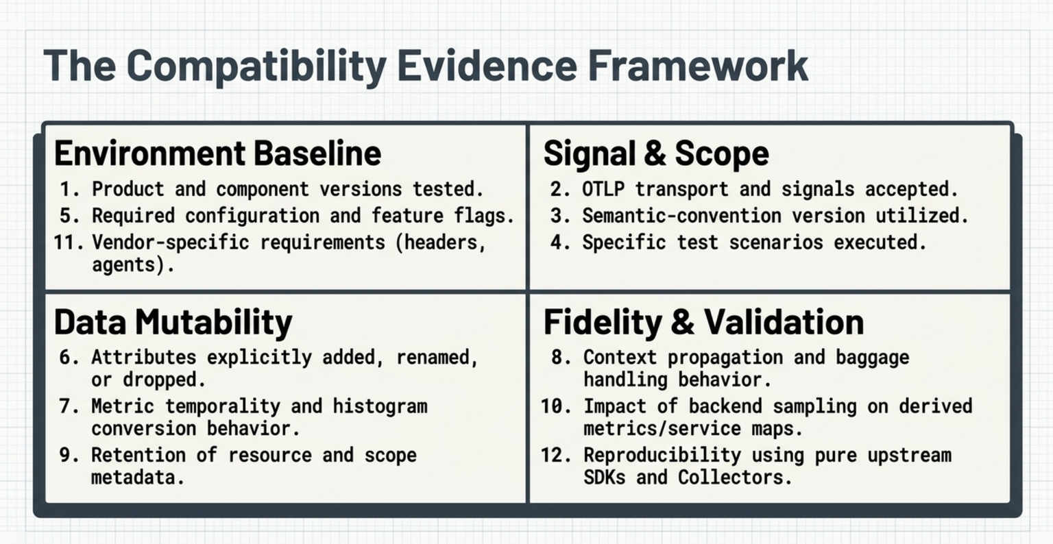 Four-quadrant panel headed The Compatibility Evidence Framework, sorting the twelve evidence items into groups. Environment Baseline: 1, product and component versions tested; 5, required configuration and feature flags; 11, vendor-specific requirements such as headers and agents. Signal and Scope: 2, OTLP transport and signals accepted; 3, semantic-convention version used; 4, specific test scenarios executed. Data Mutability: 6, attributes explicitly added, renamed, or dropped; 7, metric temporality and histogram conversion behavior; 9, retention of resource and scope metadata. Fidelity and Validation: 8, context propagation and baggage handling behavior; 10, impact of backend sampling on derived metrics and service maps; 12, reproducibility using pure upstream SDKs and Collectors