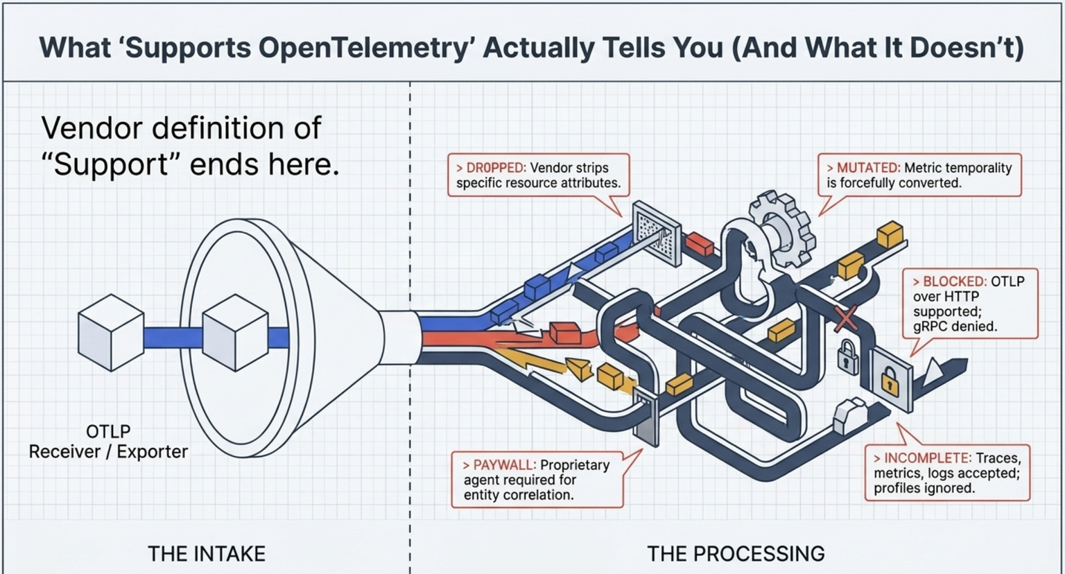 Diagram headed What Supports OpenTelemetry Actually Tells You (And What It Doesn't). On the left, under The Intake, an OTLP receiver or exporter feeds a funnel, with the note Vendor definition of Support ends here. On the right, under The Processing, the data runs through a tangle of pipes with five callouts: Dropped, vendor strips specific resource attributes; Mutated, metric temporality is forcefully converted; Blocked, OTLP over HTTP supported, gRPC denied; Paywall, proprietary agent required for entity correlation; and Incomplete, traces, metrics, and logs accepted, profiles ignored
