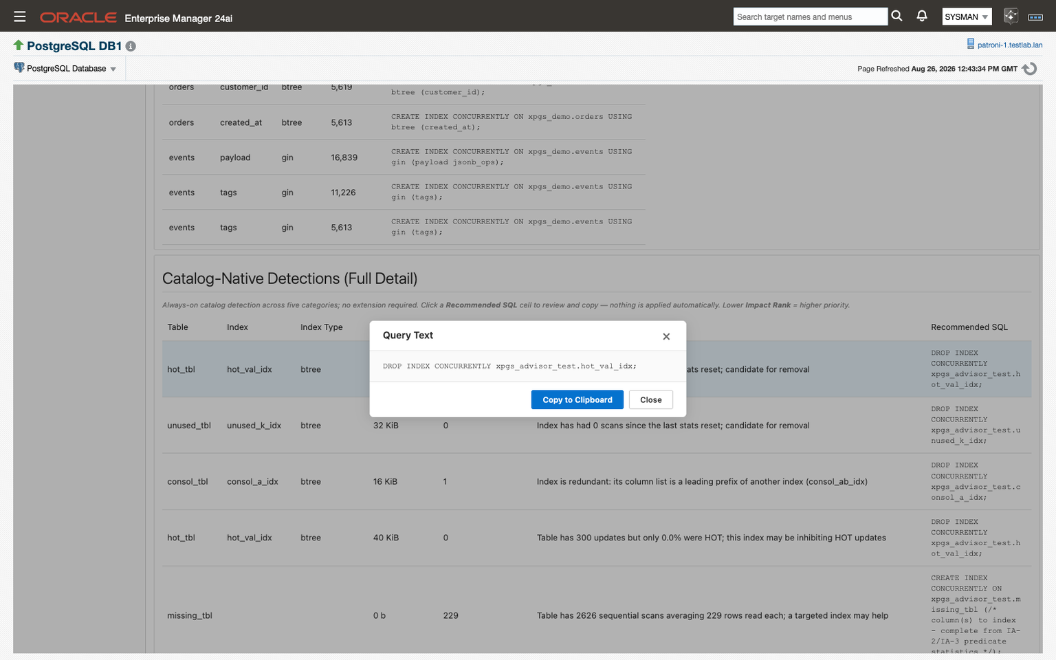 The recommendation SQL dialog open over the Catalog-Native Detections full-detail table, headed Query Text and containing a DROP INDEX CONCURRENTLY statement, with Copy to Clipboard and Close buttons. The table behind it shows per-finding evidence sentences for unused, redundant, and HOT-inhibiting indexes