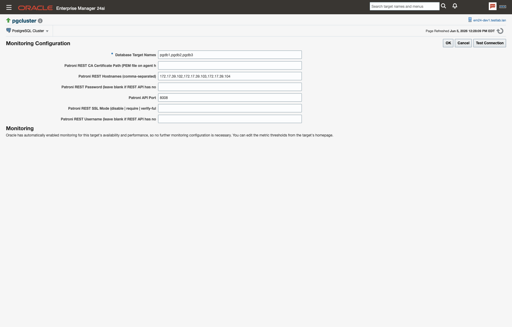 The cluster target's Monitoring Configuration page in Enterprise Manager, showing the Patroni REST connection settings — hostnames, API port, SSL mode, CA certificate path, and optional Basic authentication credentials