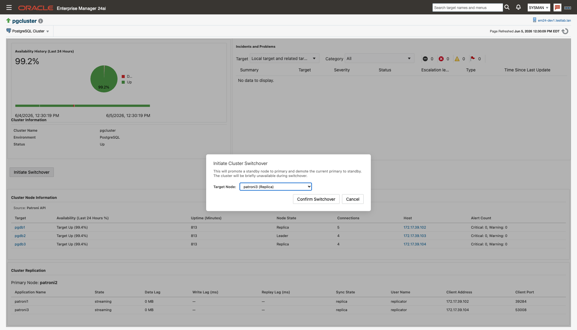 The Initiate Cluster Switchover dialog — choosing a replica as the switchover target, with the option to let Patroni pick the best candidate