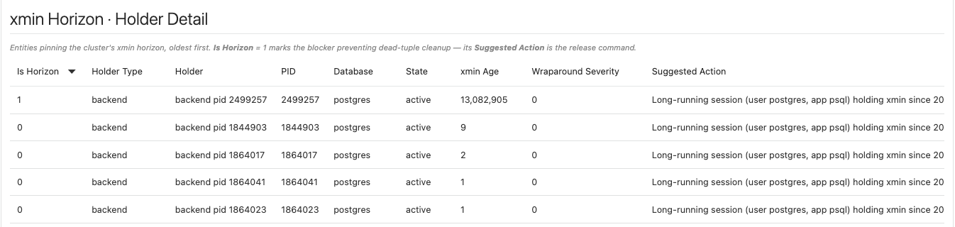 The xmin Horizon · Holder Detail table, oldest holder first. The top row has Is Horizon set to 1: a backend, pid 2499257, in the postgres database, active, with an xmin age of 13,082,905 and a wraparound severity of 0. Four more backends follow with Is Horizon 0 and xmin ages between 1 and 9. Each row's Suggested Action begins Long-running session (user postgres, app psql) holding xmin since