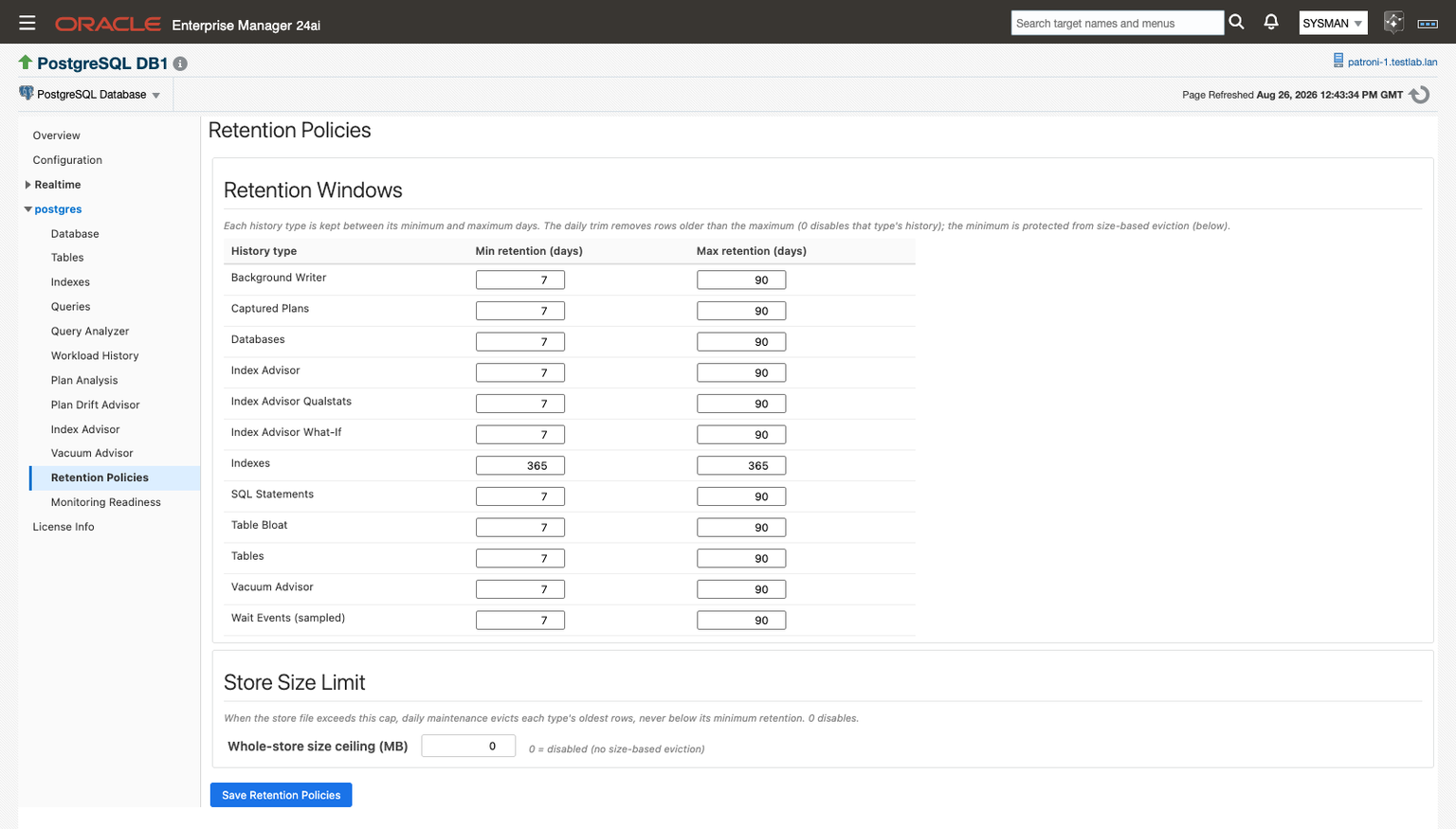The Retention Policies page in Oracle Enterprise Manager 24ai. The Retention Windows table lists twelve history types in alphabetical order, from Background Writer to Wait Events (sampled), each with a minimum of 7 days and a maximum of 90, except Indexes at 365 and 365. Below, the Store Size Limit section shows a whole-store size ceiling of 0, with the hint 0 = disabled (no size-based eviction), and a Save Retention Policies button