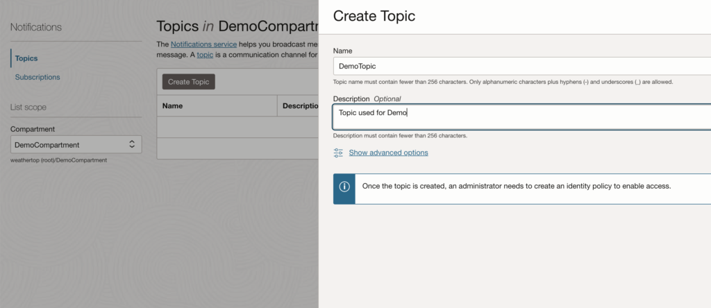 OCI Notification Topic creation interface