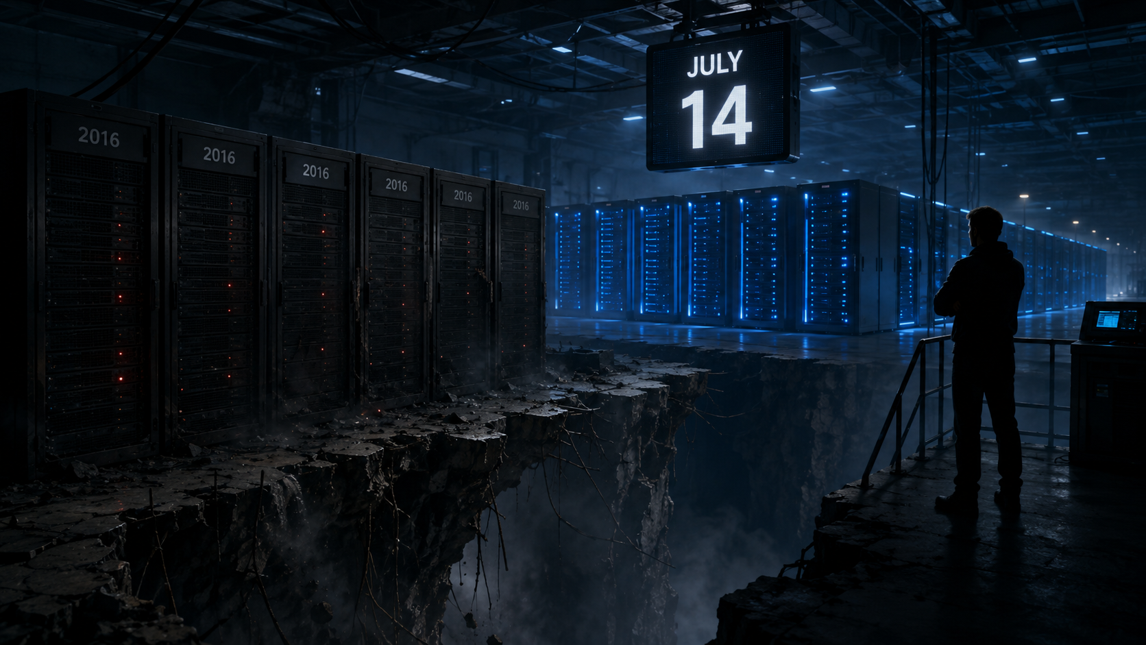 A dark data center where one row of server racks labelled 2016 stands at the crumbling edge of a cliff going dark, while newer racks behind it glow steady blue, a large calendar panel overhead reading JULY 14, and a lone engineer in silhouette watching from the safe ledge