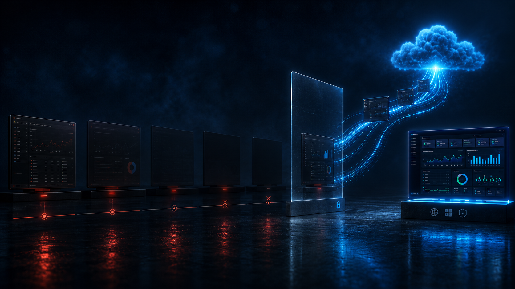 A timeline of Microsoft SQL monitoring tools going dark one by one (SQL Insights retired, Azure Data Studio end of support, the Arc assessment fenced behind a Windows-only and paid boundary), the remaining options pulling toward an Azure cloud, while a separate unified console stays lit and platform-neutral