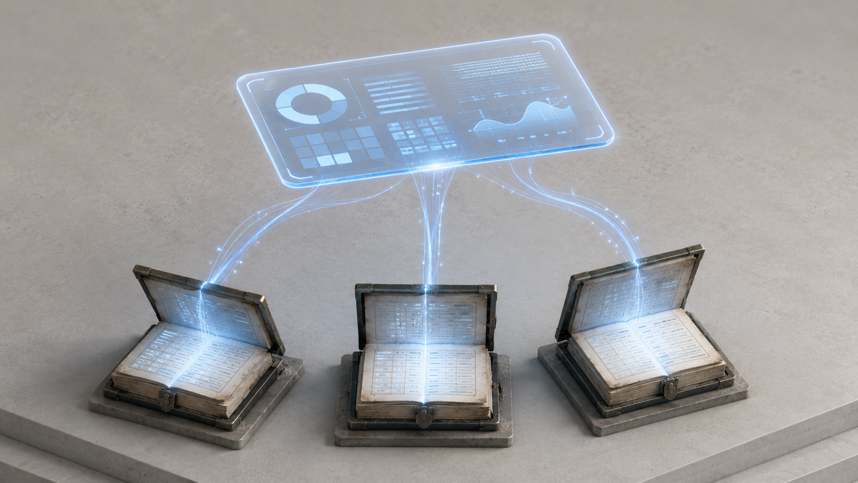 Three database engines (MySQL, SQL Server, and DB2), each already keeping a queryable backup record in plain SQL, their histories feeding up into a single unified console