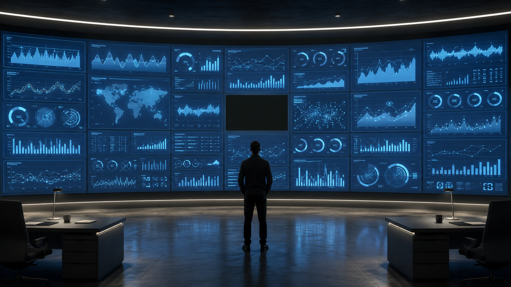A dim operations room facing a wall of glowing blue monitoring dashboards, every panel healthy except one dark, unlit panel at the center (the backup nobody is watching), with a lone operator standing before it