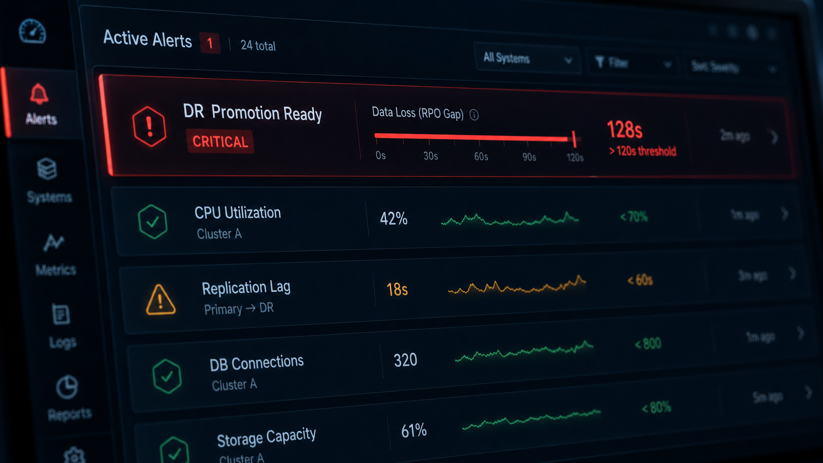 A DR Promotion Ready metric in the Oracle Enterprise Manager console showing a CRITICAL alert as the data-loss gap crosses its threshold, sitting alongside the CPU, replication, and connection alerts teams already watch