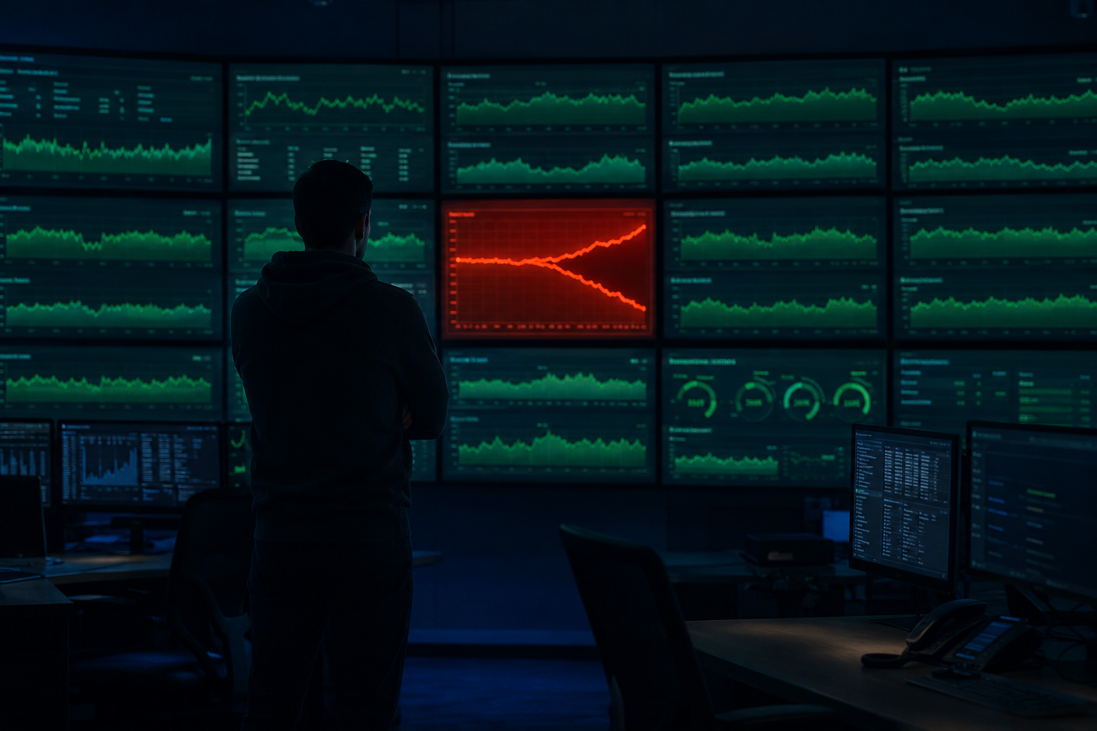 A dim operations center wall of green cluster-health dashboards all reading Healthy, with a single dark central panel showing a widening data-loss gap that no one is watching, a lone on-call engineer silhouetted before it