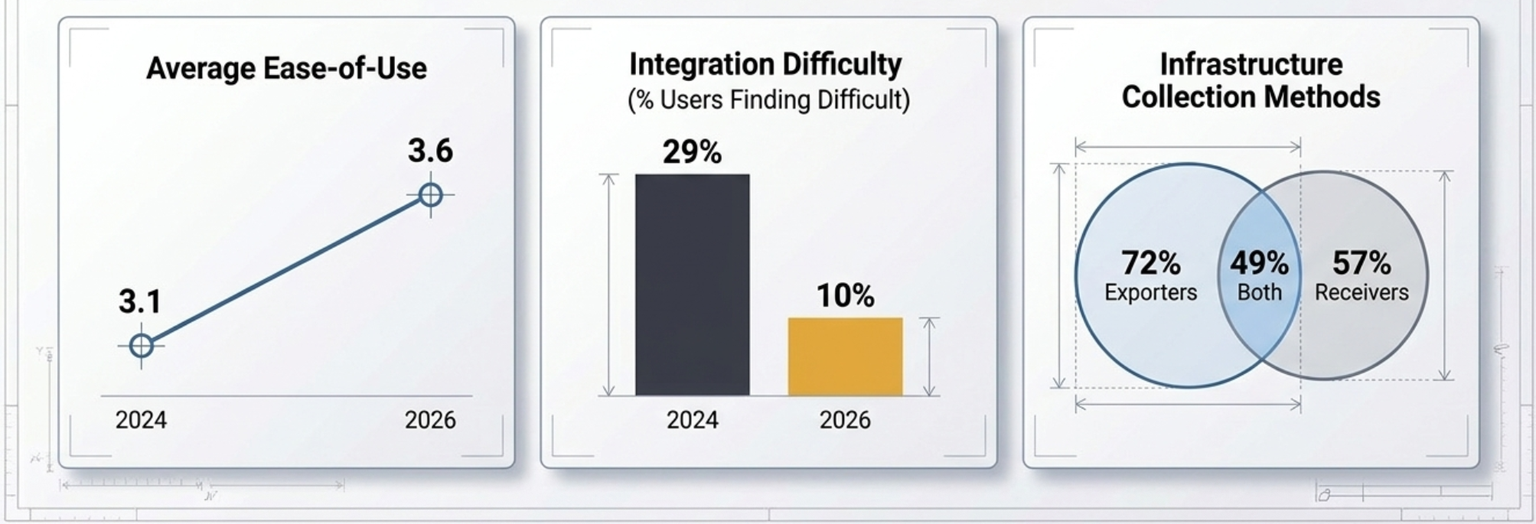 Blueprint-style dashboard of three panels charting the 2026 Prometheus/OpenTelemetry interoperability survey. Average ease-of-use rises from 3.1 in 2024 to 3.6 in 2026. The share of users finding integration difficult falls from 29 percent in 2024 to 10 percent in 2026. A Venn diagram of infrastructure collection methods shows 72 percent using Prometheus exporters, 57 percent using OTel receivers, and 49 percent using both