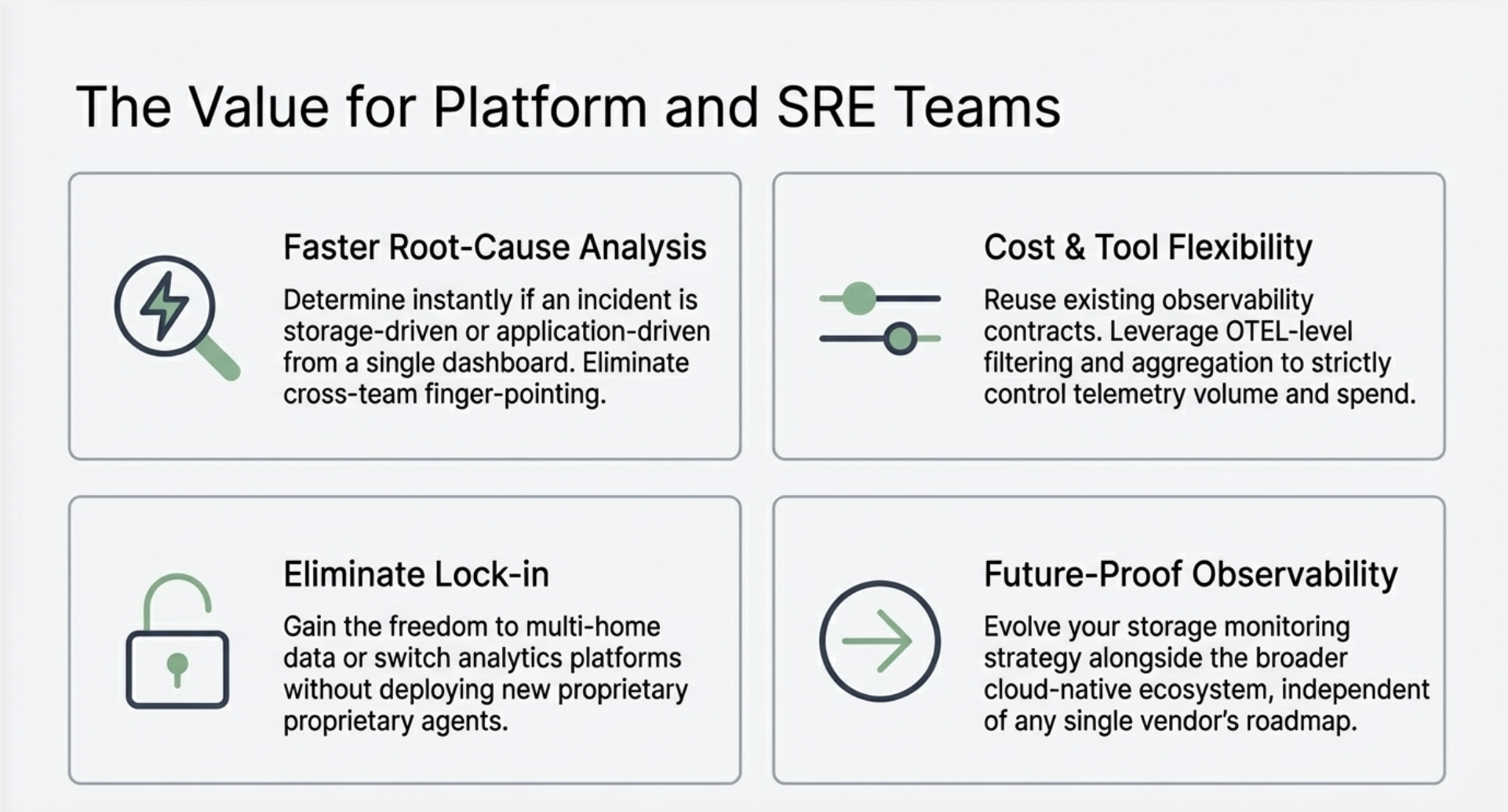 The Value for Platform and SRE Teams: Faster Root-Cause Analysis, Cost and Tool Flexibility, Eliminate Lock-in, Future-Proof Observability