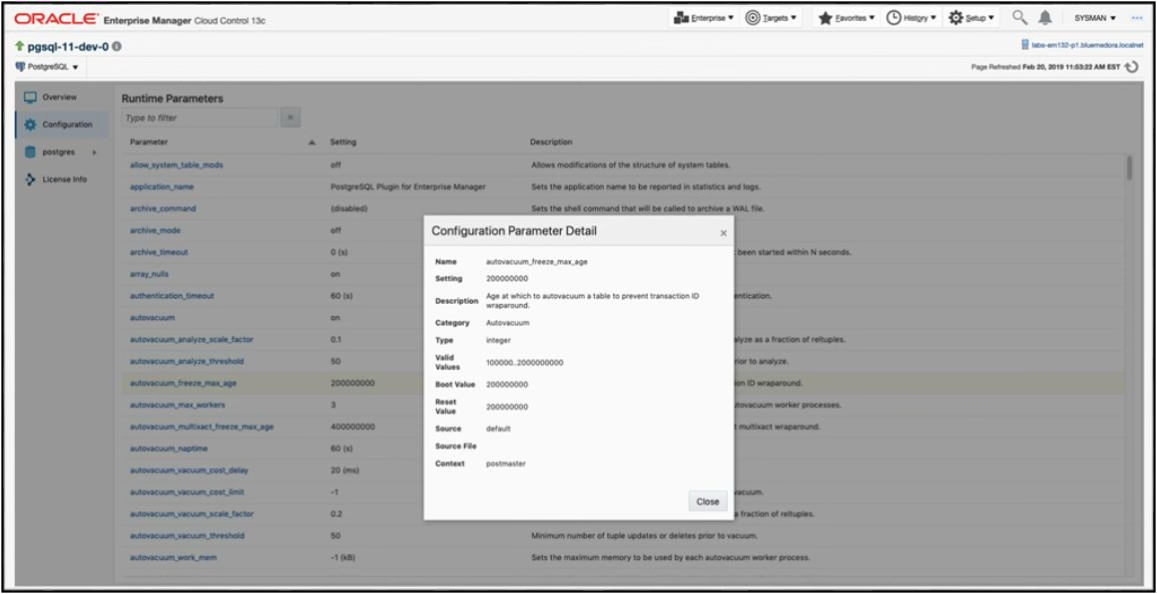 Configuration dashboard — current, boot, and reset values for all database settings