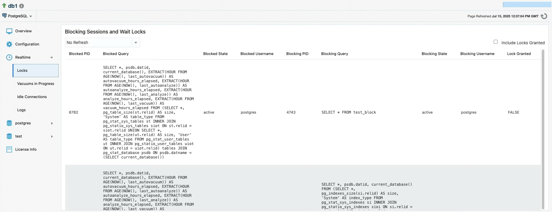 Real-Time dashboard — blocking sessions, vacuum progress, logs, and idle connections