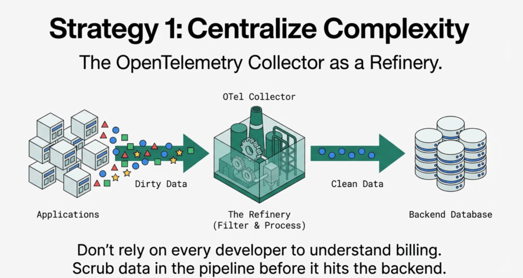Architecture diagram showing applications sending dirty data through OTel Collector refinery to produce clean data for backend databases